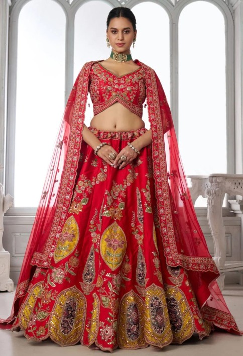 Embroidered, Patch Border, Sequins and Zari Work Silk Lehenga Choli In Red for Engagement